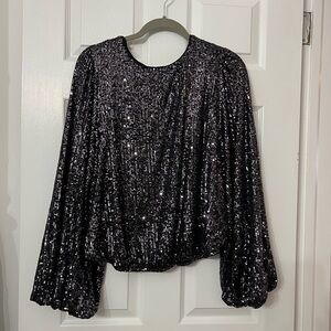 Black and Silver Sequin Oversized Blouse with Balloon Sleeves 2x Flat White NWT